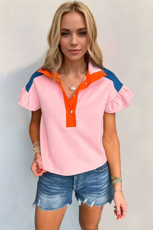 Oh Full Size Contrast Half Snap Short Sleeve Blouse - Trendsi - Flyclothing LLC
