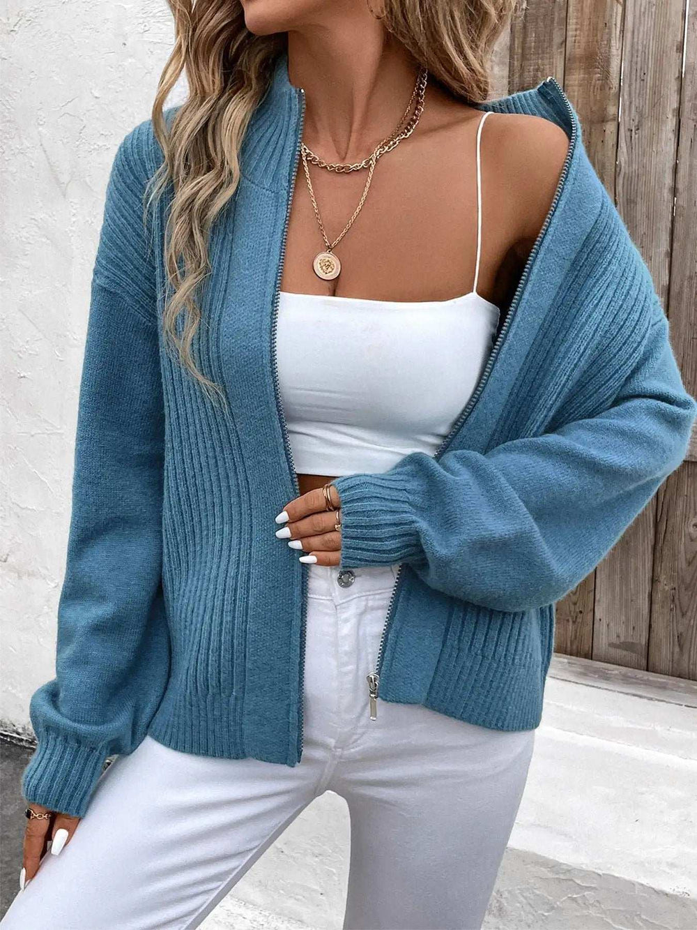 Zip Up Long Sleeve Cardigan - Trendsi - Flyclothing LLC