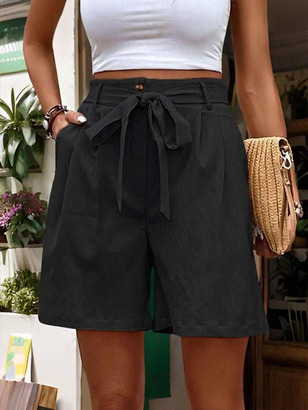 Tied High Waist Shorts with Pockets - Trendsi - Flyclothing LLC