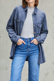 Pocketed Collared Neck Long Sleeve Denim Top - Trendsi - Flyclothing LLC