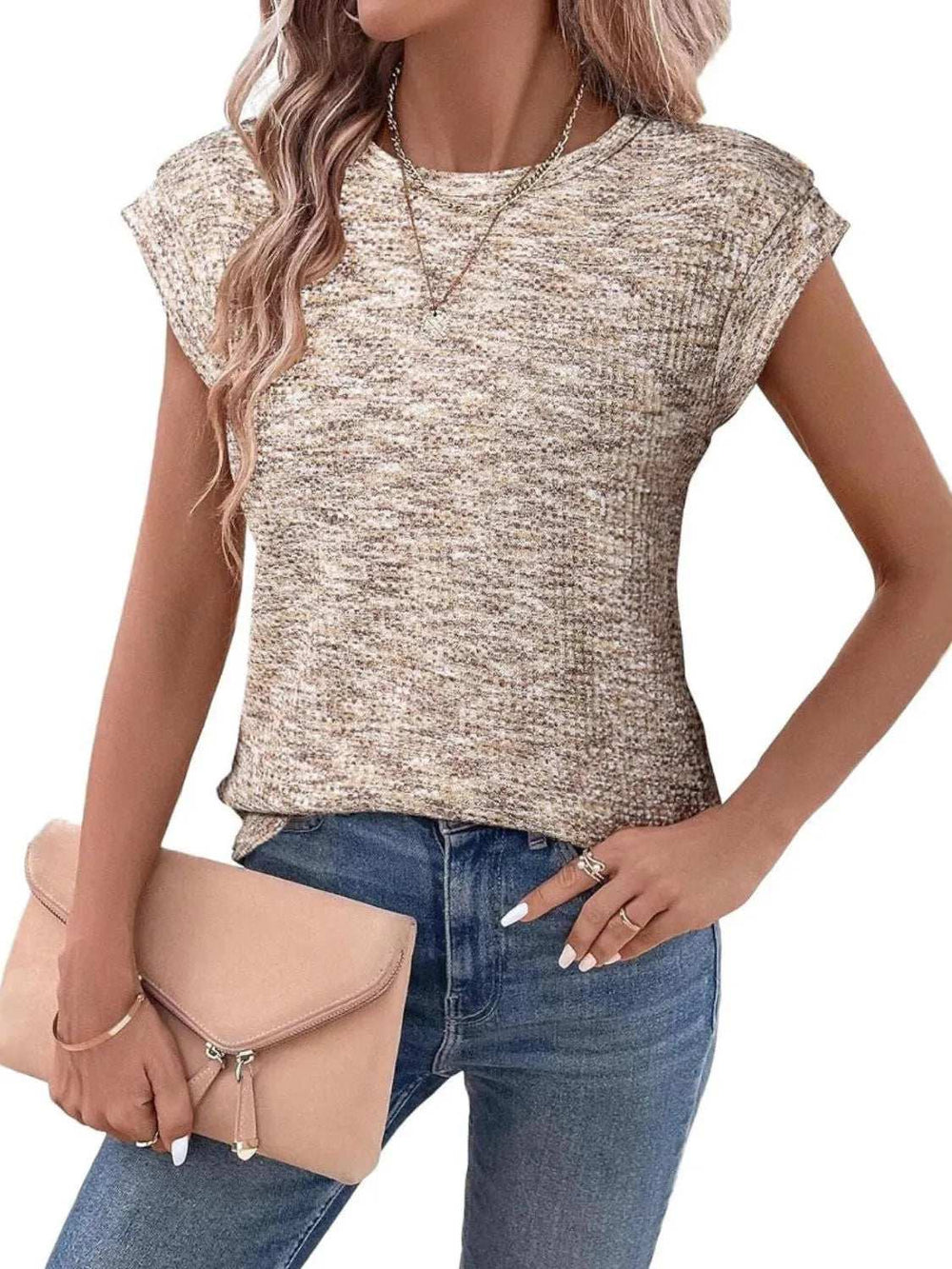 Round Neck Knit Cap Sleeve Top - Trendsi - Flyclothing LLC