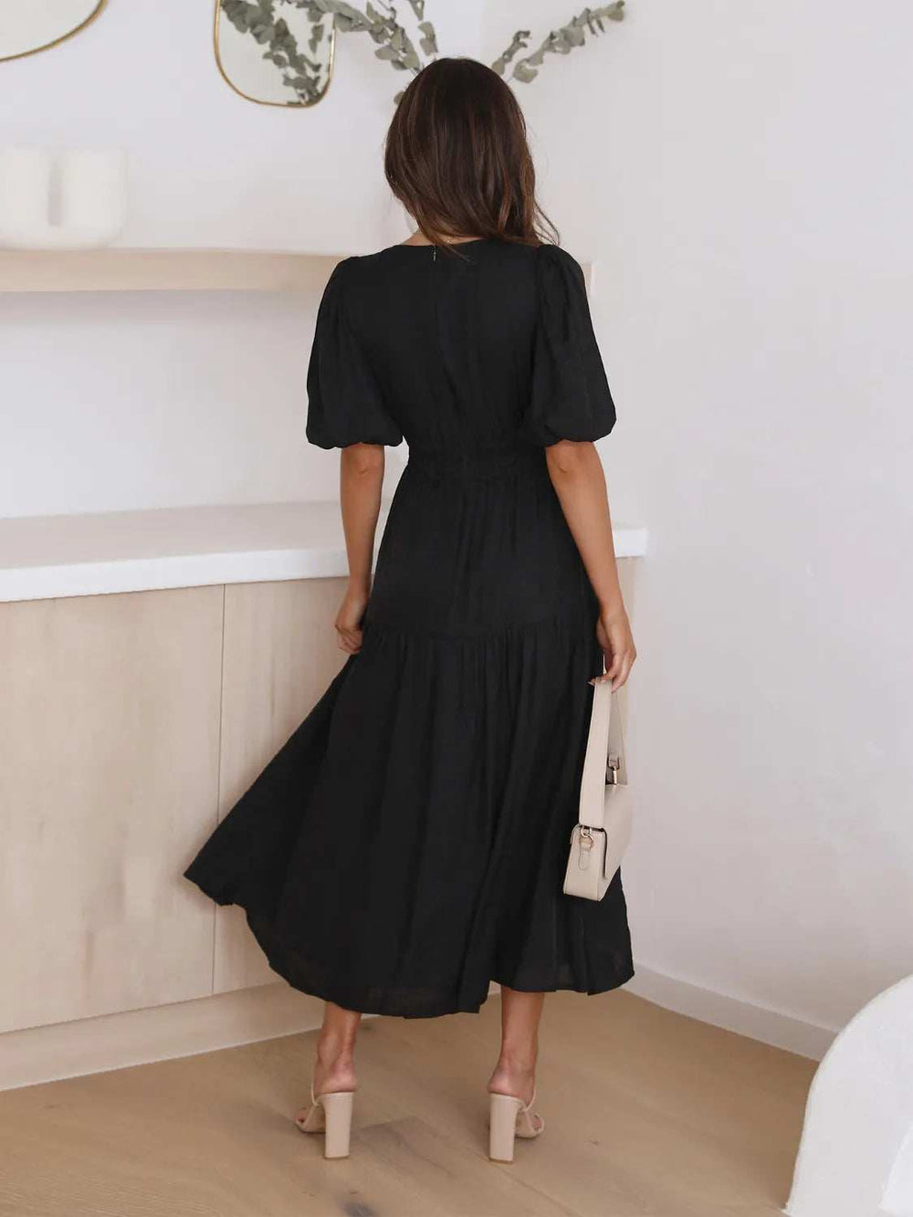 Tiered Surplice Half Sleeve Midi Dress - Trendsi - Flyclothing LLC
