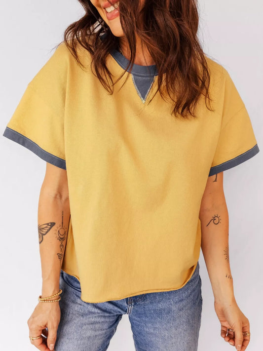 Contrast Trim Raw Hemline Short Sleeve Loose Top - Trendsi - Flyclothing LLC