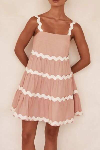 Contrast Trim Square Neck Tiered Dress - Trendsi - Flyclothing LLC