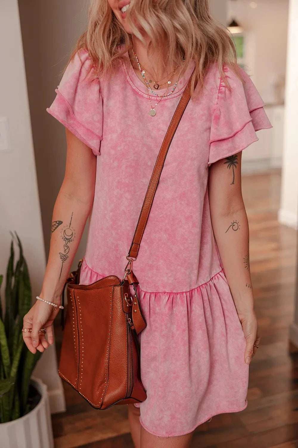 Mineral Wash Raw Edge Ruffle Mini Dress - Trendsi - Flyclothing LLC