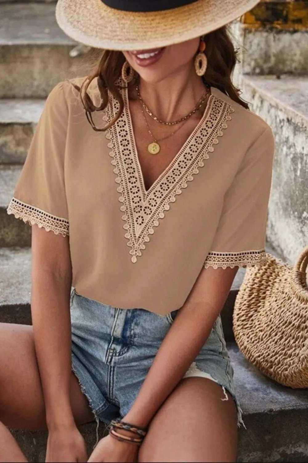 Full Size Lace Detail V-Neck Short Sleeve Blouse - Trendsi - Flyclothing LLC