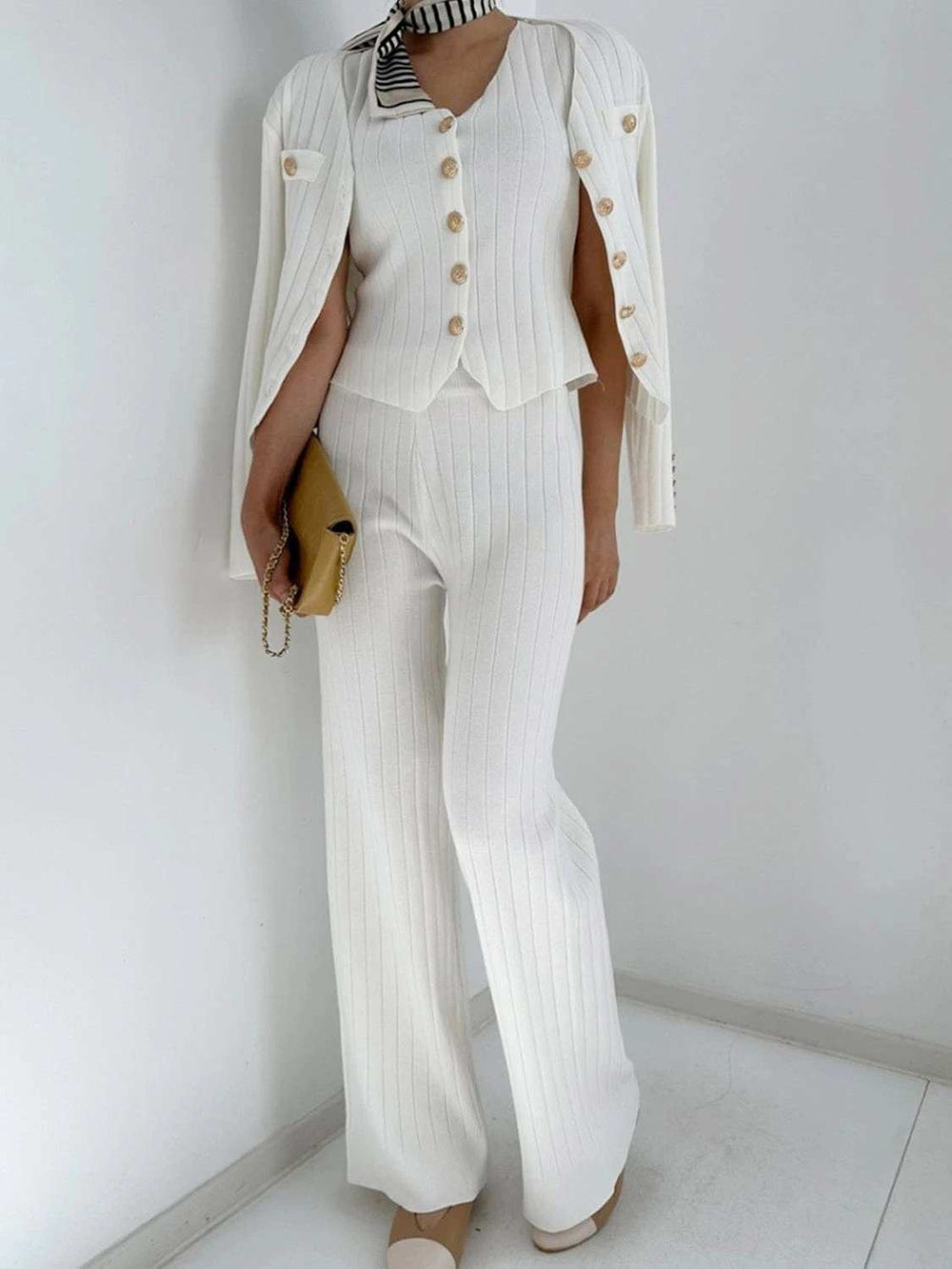 V-Neck Tank, Cardigan and Pants Three-Piece Sweater Set - Trendsi - Flyclothing LLC