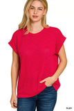 Zenana Hacci Slub Rolled Up Sleeve Tee - Trendsi - Flyclothing LLC