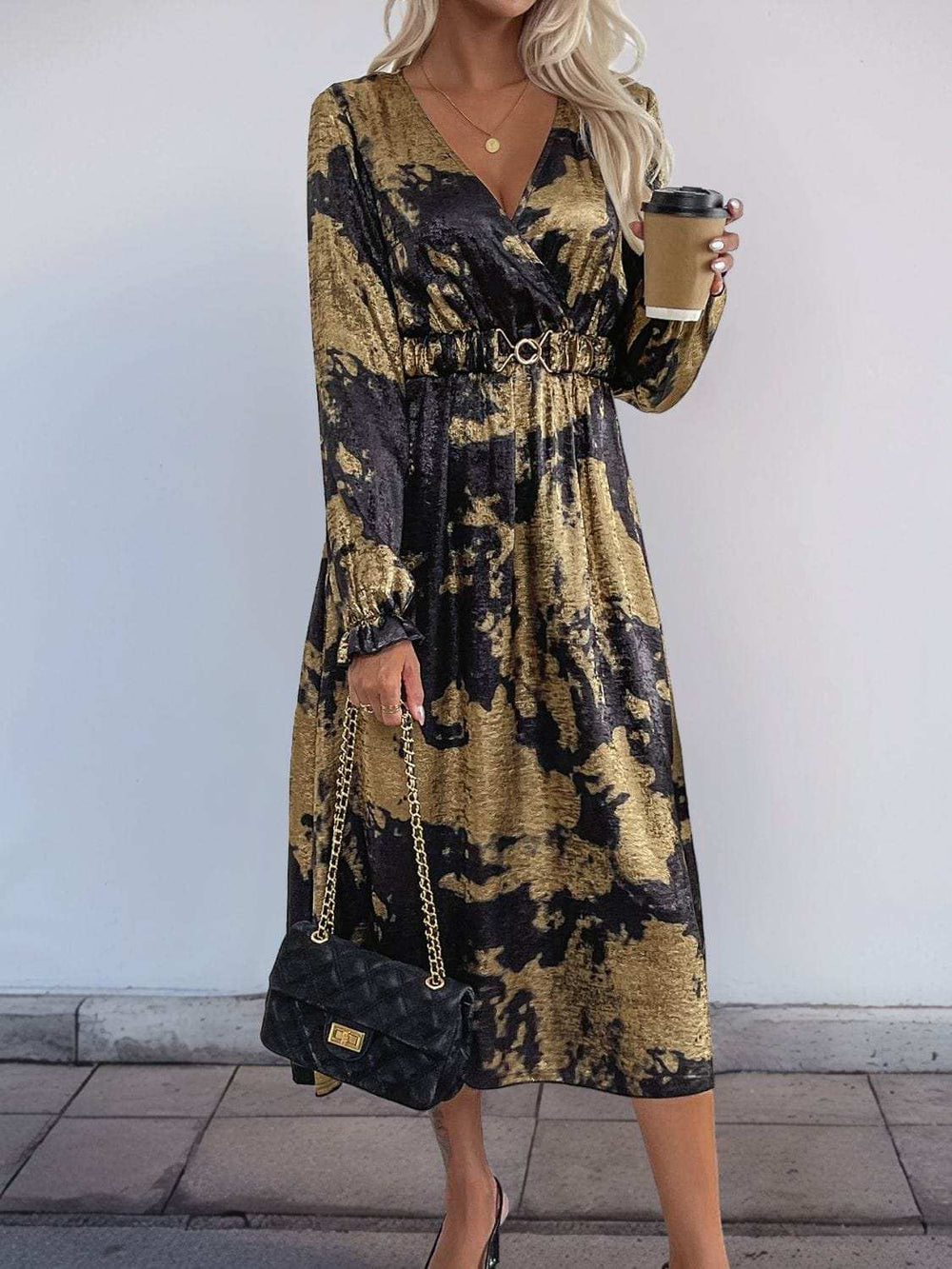 Perfee Printed Surplice Long Sleeve Midi Dress - Trendsi - Flyclothing LLC