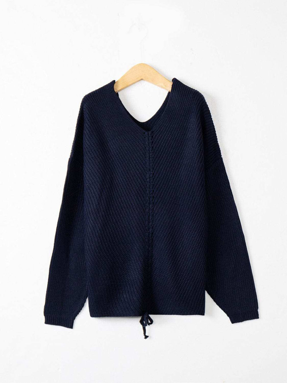 Full Size Lace Up V-Neck Long Sleeve Sweater - Trendsi - Flyclothing LLC