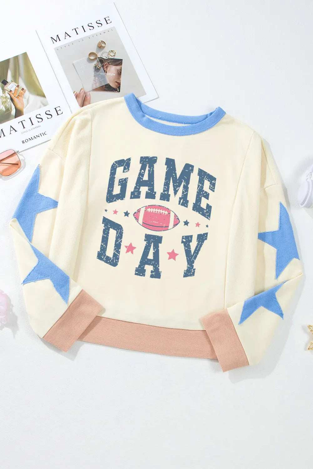 GAME DAY Star Patch Round Neck Long Sleeve Sweatshirt - Trendsi - Flyclothing LLC
