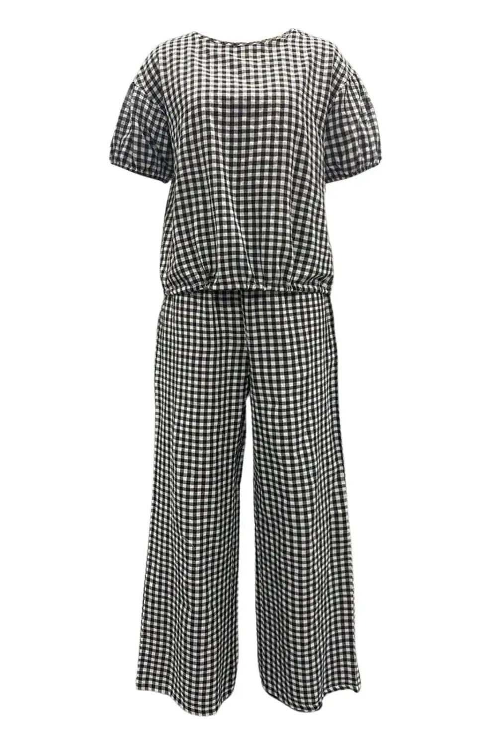 Full Size Plaid Round Neck Half Sleeve Top and Pants Set - Trendsi - Flyclothing LLC
