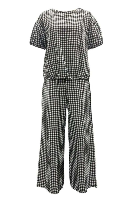 Full Size Plaid Round Neck Half Sleeve Top and Pants Set - Trendsi - Flyclothing LLC