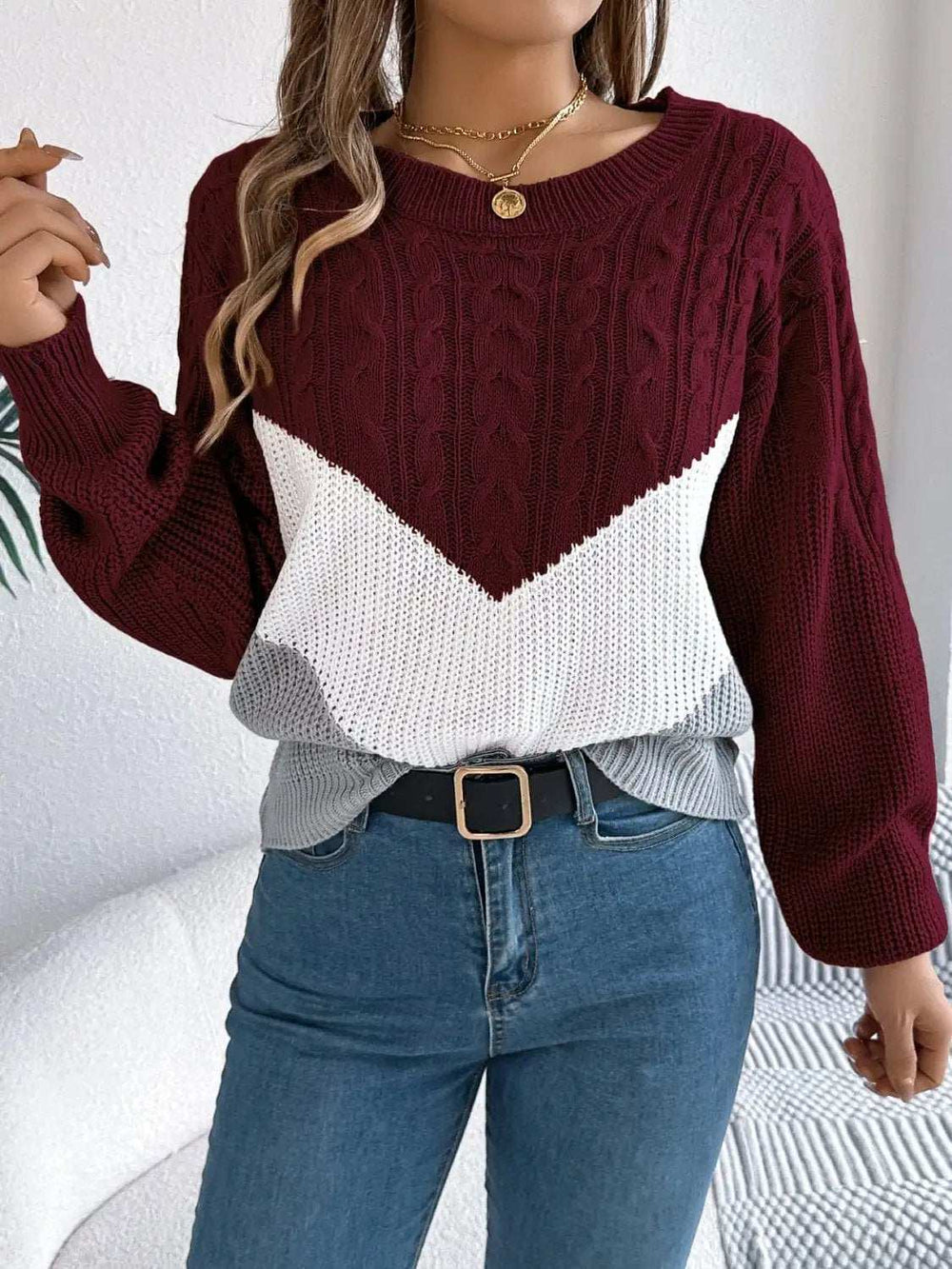 Cable-Knit Color Block Round Neck Sweater - Trendsi - Flyclothing LLC
