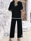 Contrast Trim Round Neck Top and Pants Set - Trendsi - Flyclothing LLC