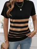 Striped Round Neck Short Sleeve Knit Top - Trendsi - Flyclothing LLC