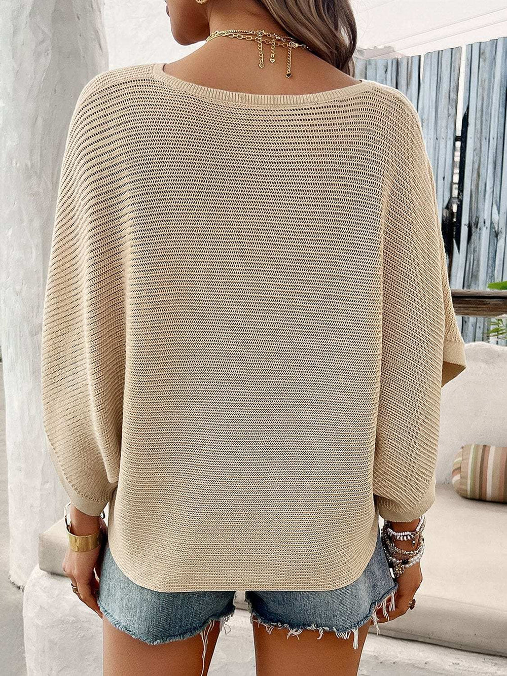 V-Neck Batwing Sleeve Knit Top - Trendsi - Flyclothing LLC
