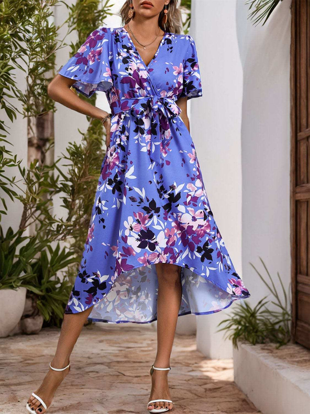 High-Low Printed Surplice Short Sleeve Midi Dress - Trendsi - Flyclothing LLC