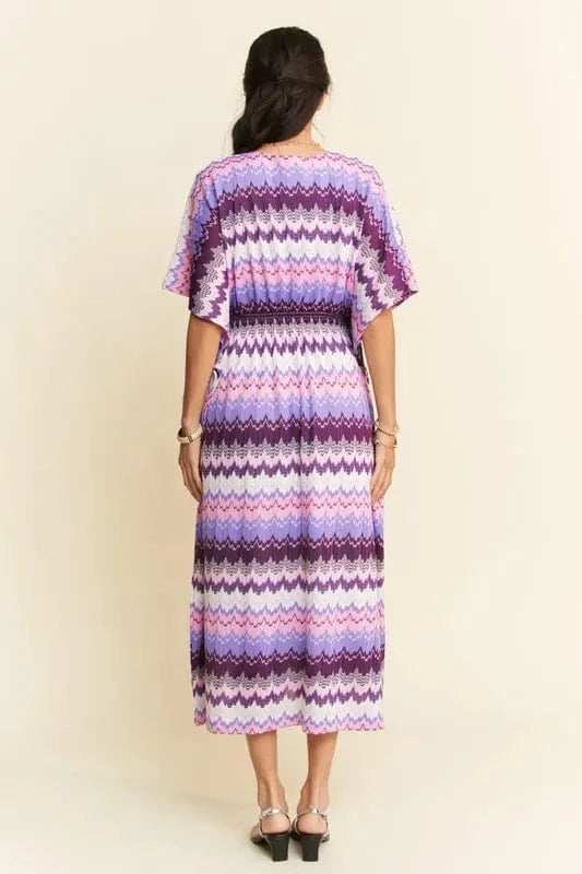 Davi & Dani Multi Color Wavy Tie Waist Flowy Sleeve Dress - Trendsi - Flyclothing LLC