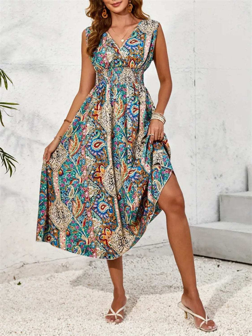 Smocked Printed Surplice Sleeveless Midi Dress - Trendsi - Flyclothing LLC