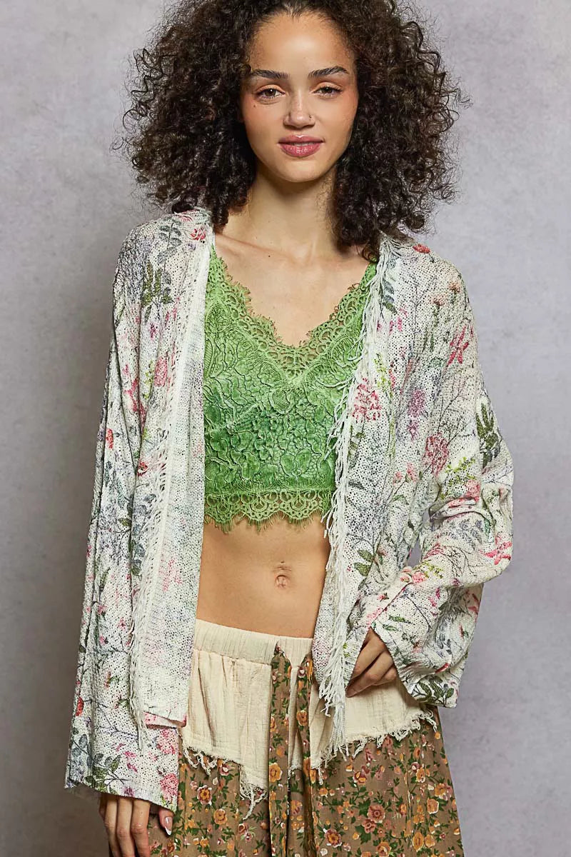 POL Open Front Floral Cardigan with Center Open Fringe - Trendsi - Flyclothing LLC