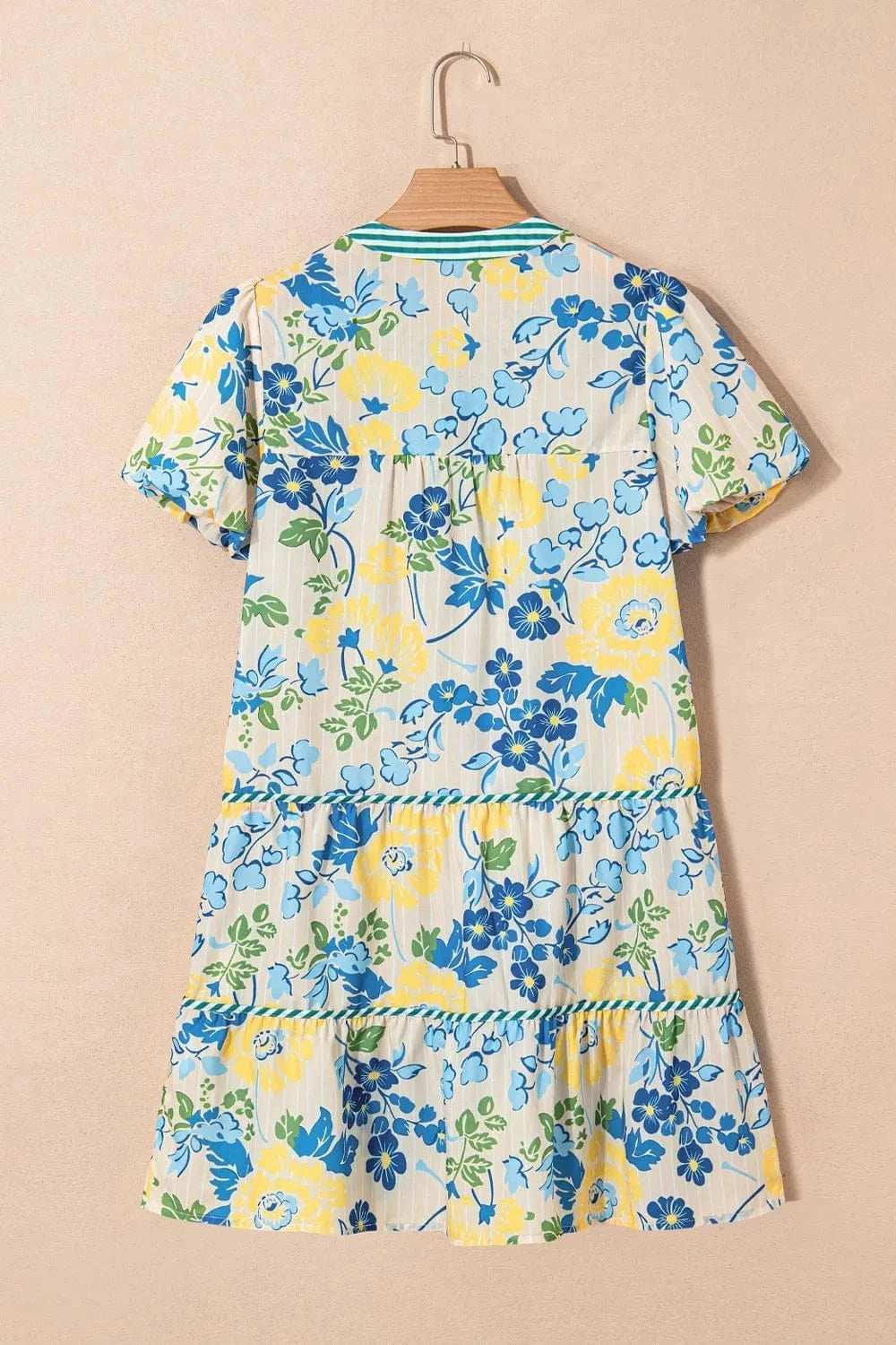 Floral Striped Trim Puff Short Sleeve Dress - Trendsi - Flyclothing LLC