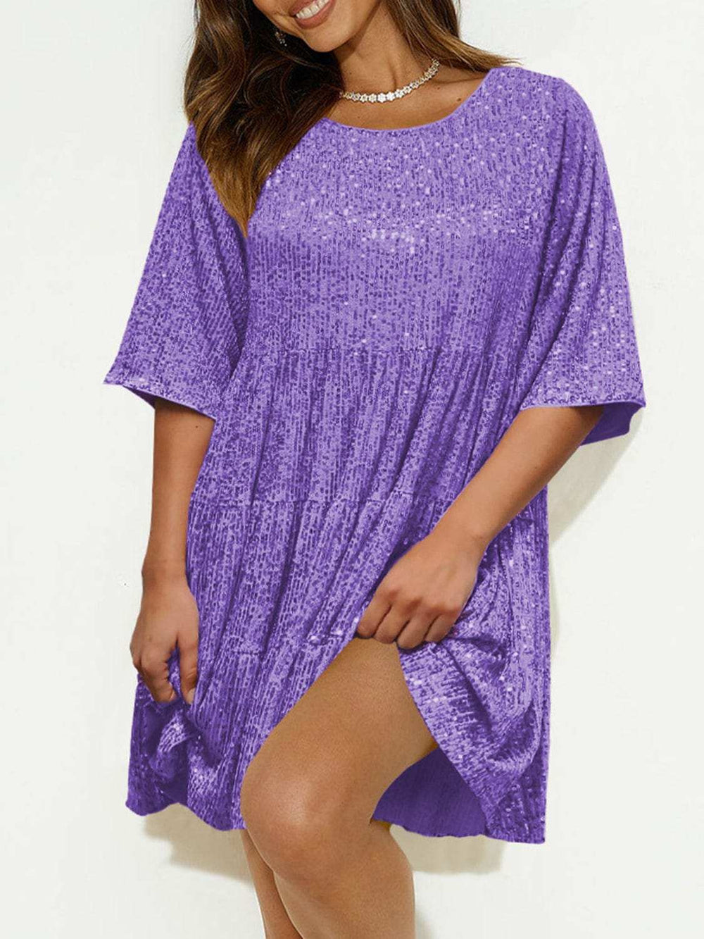 Sequin Round Neck Half Sleeve Mini Dress - Trendsi - Flyclothing LLC