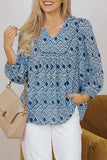 Geometric Print Frilled Notched Blouse - Trendsi - Flyclothing LLC