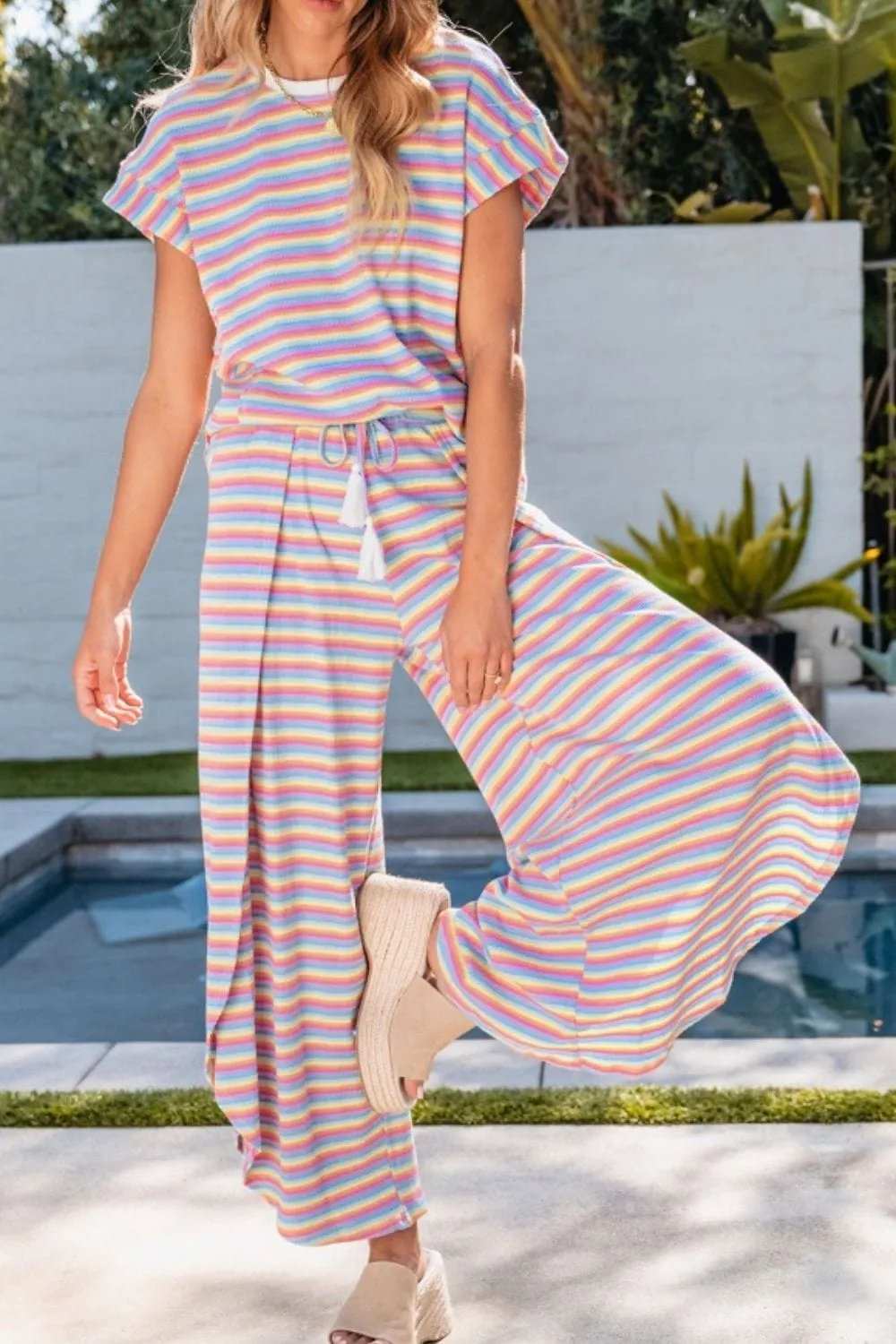Striped Round Neck Short Sleeve Top and Pants Set - Trendsi - Flyclothing LLC