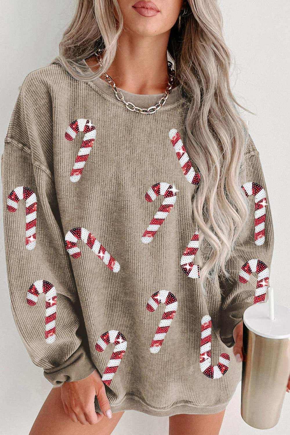 Sequin Candy Cane Round Neck Sweatshirt - Trendsi - Flyclothing LLC