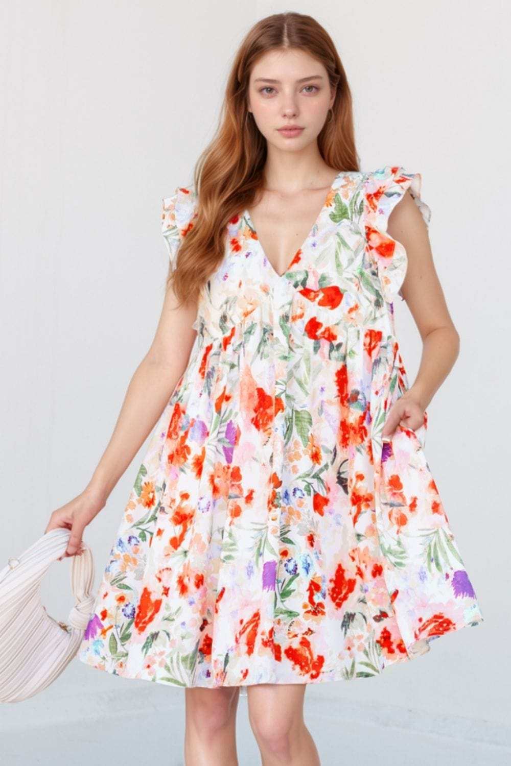 Floral Double Ruffle Sleeve V Neck Mini Dress - Trendsi - Flyclothing LLC