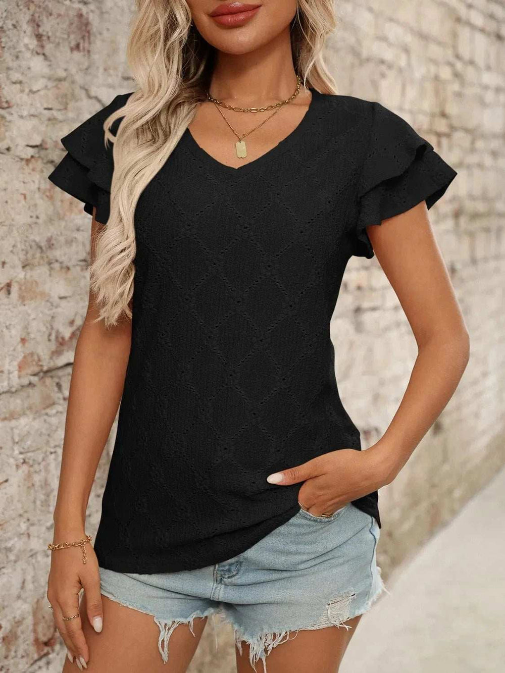 Eyelet V-Neck Ruffled Cap Sleeve Top - Trendsi - Flyclothing LLC