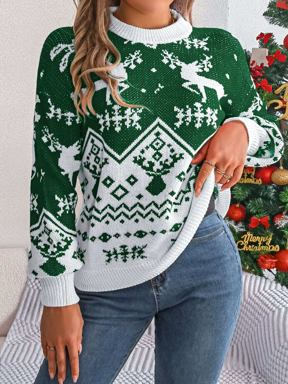 Christmas Element Round Neck Long Sleeve Sweater - Trendsi - Flyclothing LLC