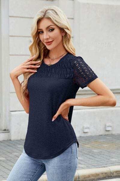 Smocked Round Neck Short Sleeve T-Shirt - Trendsi - Flyclothing LLC