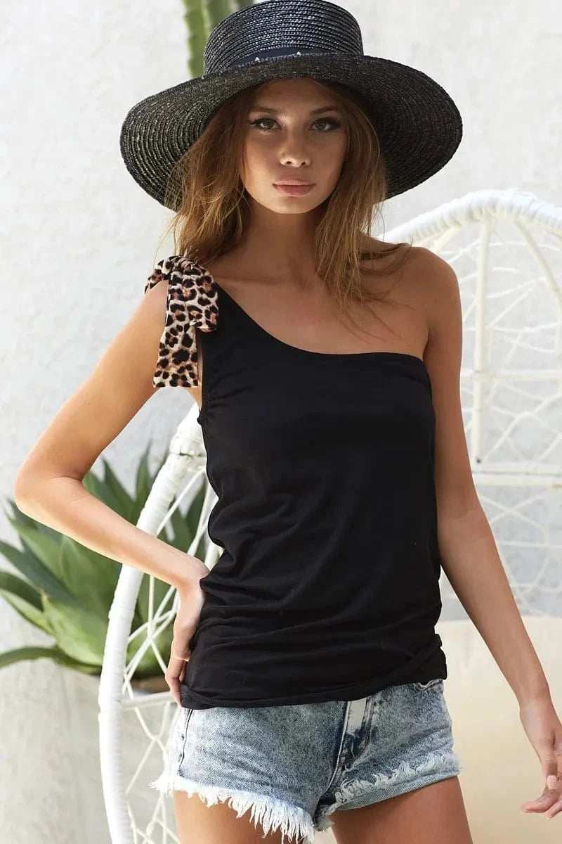 BiBi Rayon Span Knit One Shoulder Top with Leopard Ribbon - Trendsi - Flyclothing LLC