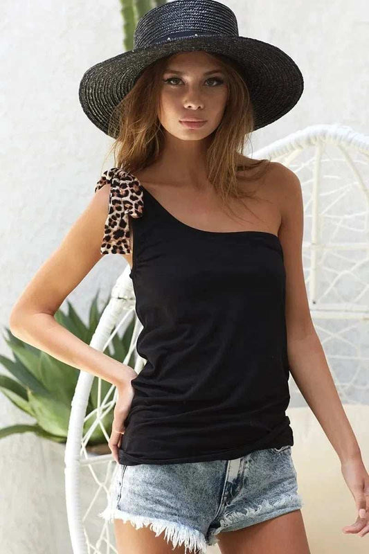 BiBi Rayon Span Knit One Shoulder Top with Leopard Ribbon - Trendsi - Flyclothing LLC