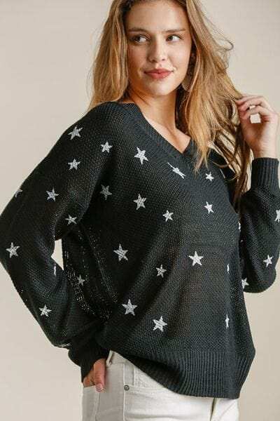 Umgee Full Size Star V-Neck Long Sleeve Sweater Plus Size - Trendsi - Flyclothing LLC