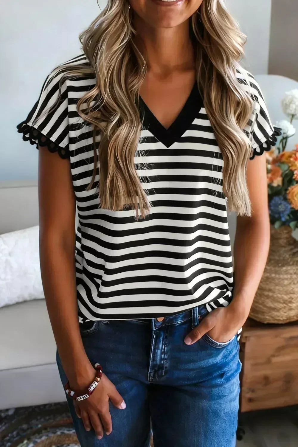 Striped Print V Neck Delicate Trim Casual Tee - Trendsi - Flyclothing LLC