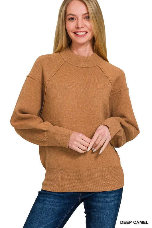 Zenana Viscose Mock Neck Exposed Seam Sweater - Trendsi - Flyclothing LLC
