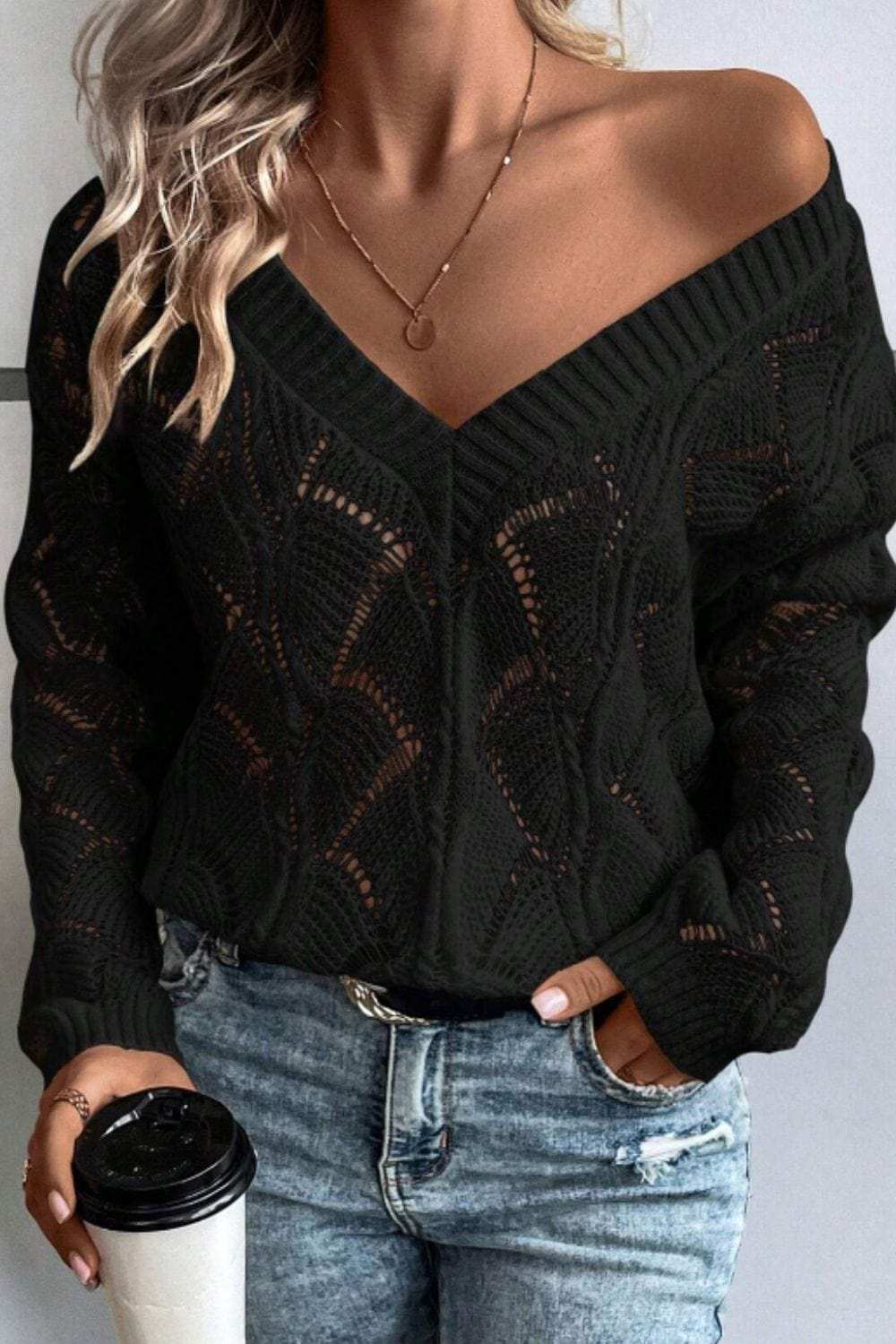 Openwork V-Neck Long Sleeve Sweater - Trendsi - Flyclothing LLC