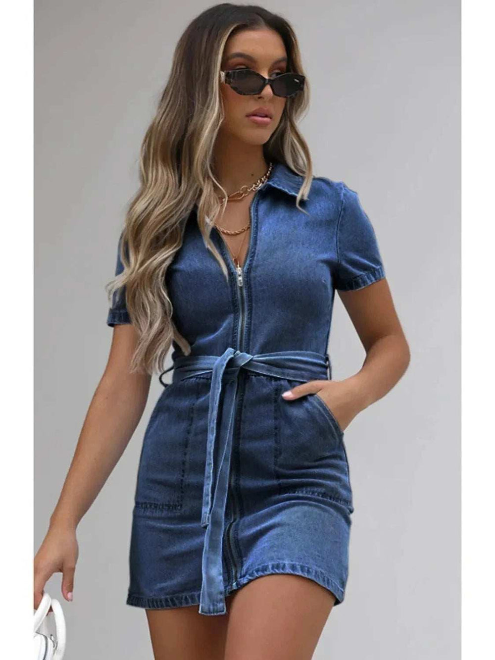 Full Size Zip Front Short Sleeve Denim Dress Plus Size - Trendsi - Flyclothing LLC