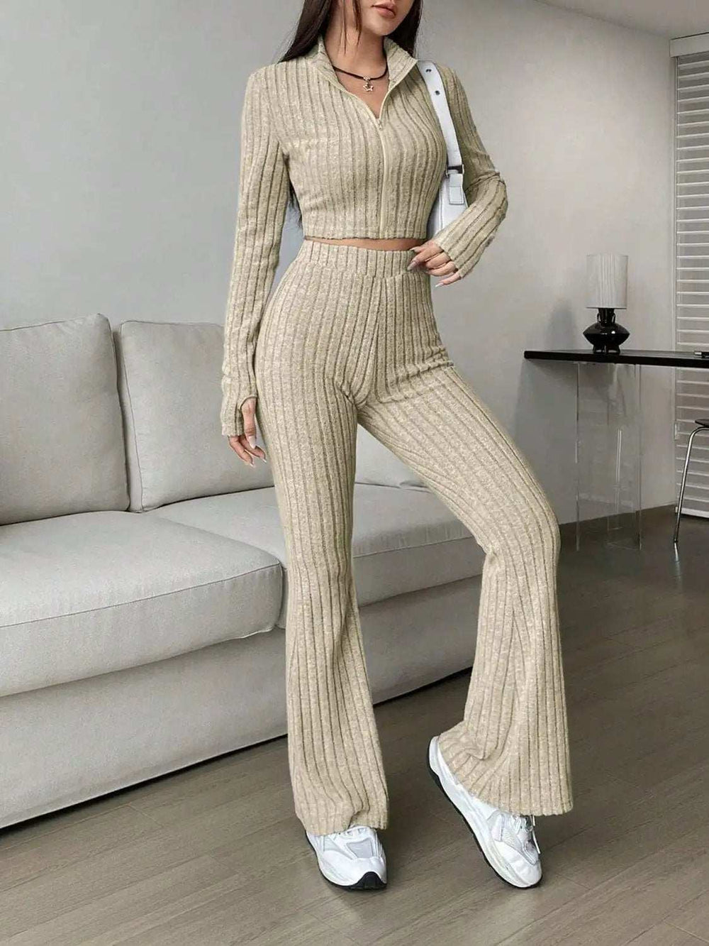 Zip Up Long Sleeve Top and Pants Set - Trendsi - Flyclothing LLC