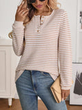 Striped Button Detail Long Sleeve Top - Trendsi - Flyclothing LLC
