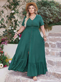 Plus Size Button Detail V-Neck Short Sleeve Maxi Dress - Trendsi - Flyclothing LLC