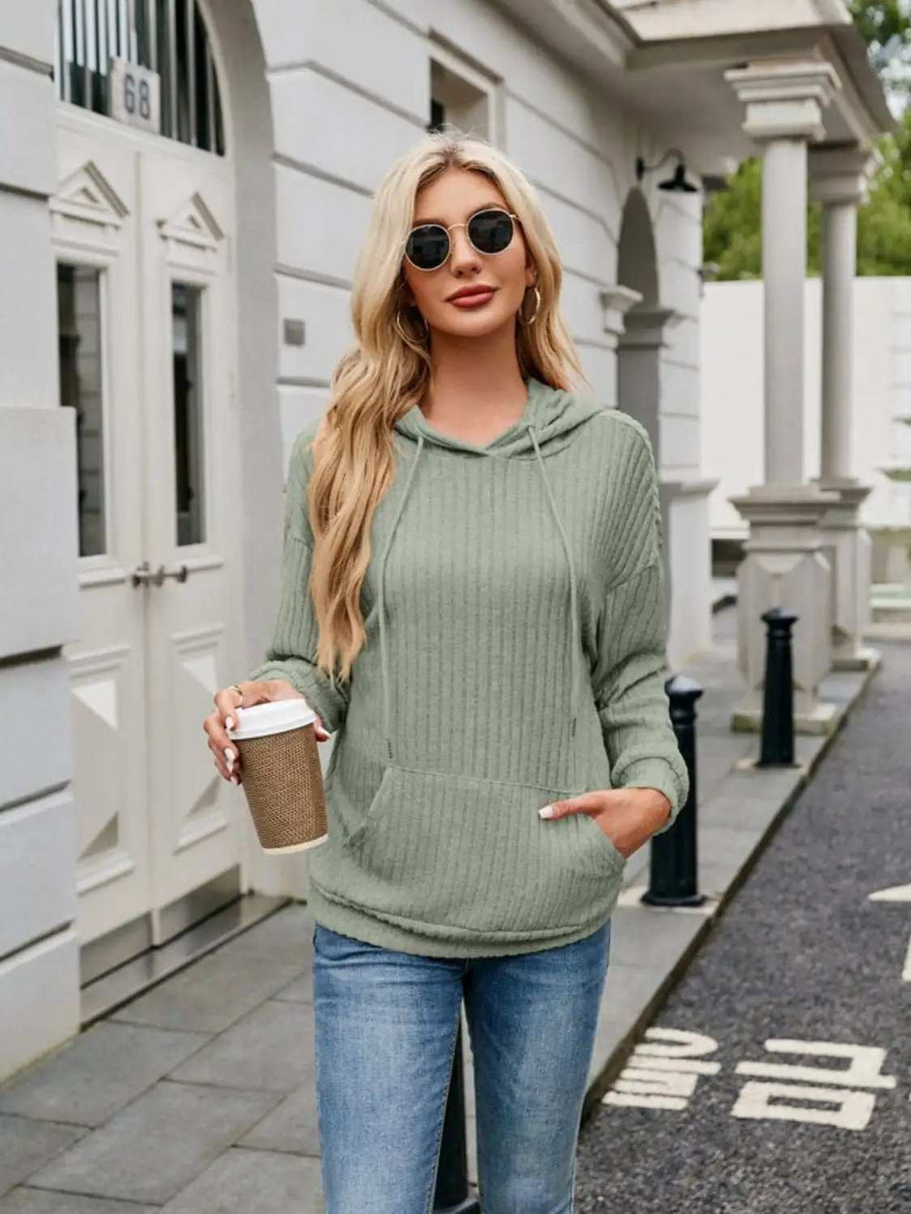 Ribbed Drawstring Long Sleeve Hoodie - Trendsi - Flyclothing LLC