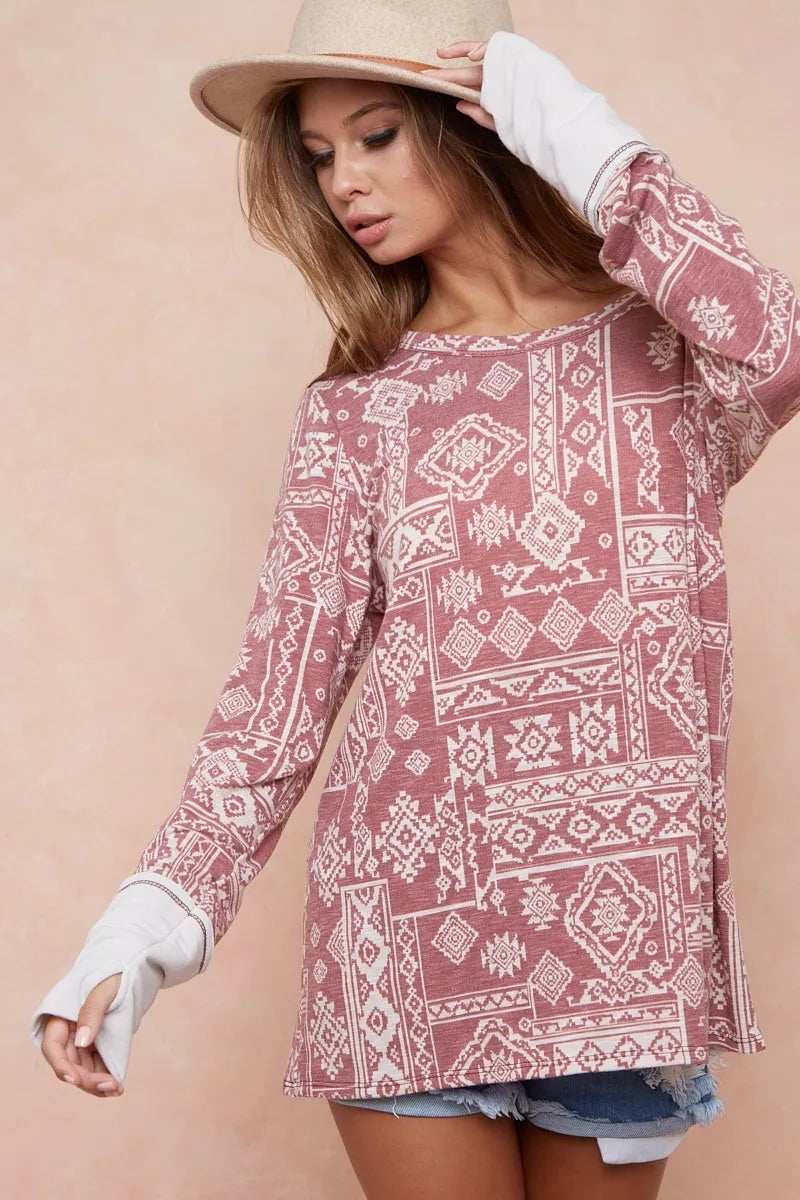 BiBi Aztec Print French Terry Top with Thumb Opening - Trendsi - Flyclothing LLC