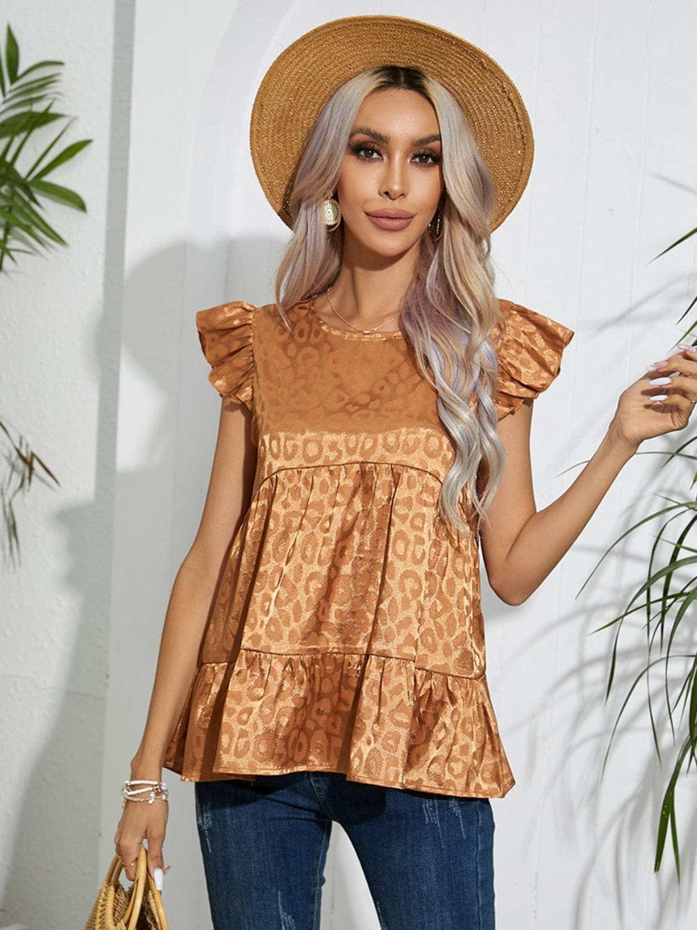 Full Size Ruffled Leopard Cap Sleeve Top - Trendsi - Flyclothing LLC
