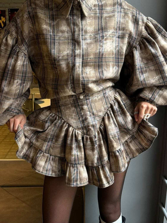 Lantern Sleeve Shirt and Ruffled Skirt Set - Trendsi - Flyclothing LLC