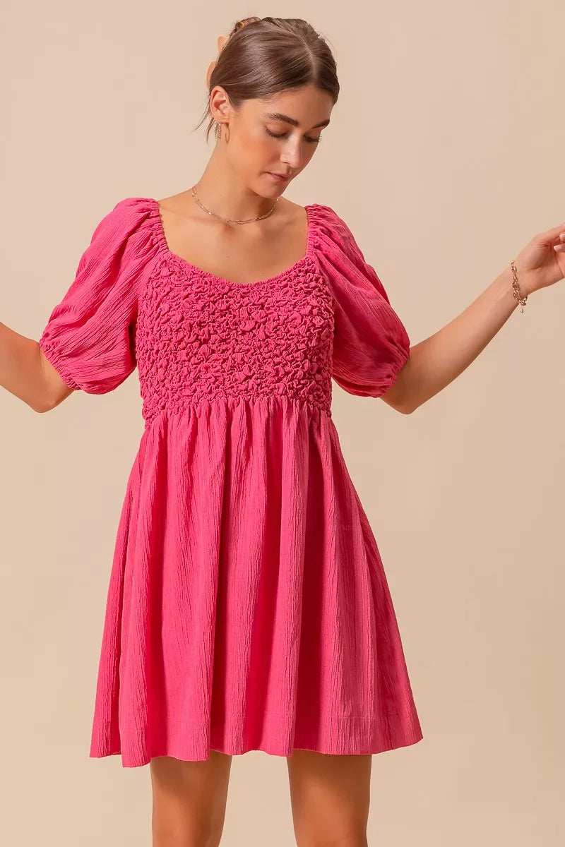 SO ME Textured Woven Daily Dress with Puff Sleeves - Trendsi - Flyclothing LLC