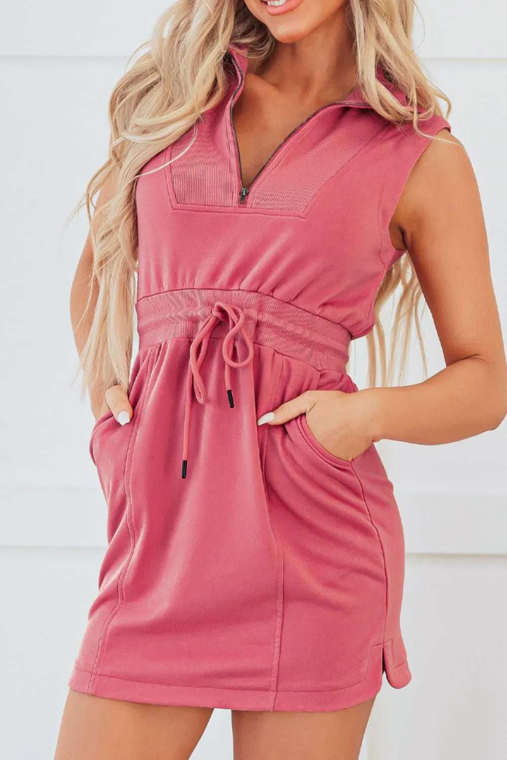 French Terry Zipped Collar Sleeveless Drawstring Waist Mini Dress - Trendsi - Flyclothing LLC